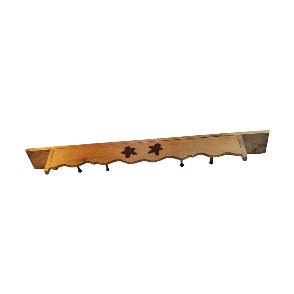 Vintage Wood Wall Shelf Scalloped Gingerbread Cutout 4 Peg Coat Rack Brown 48